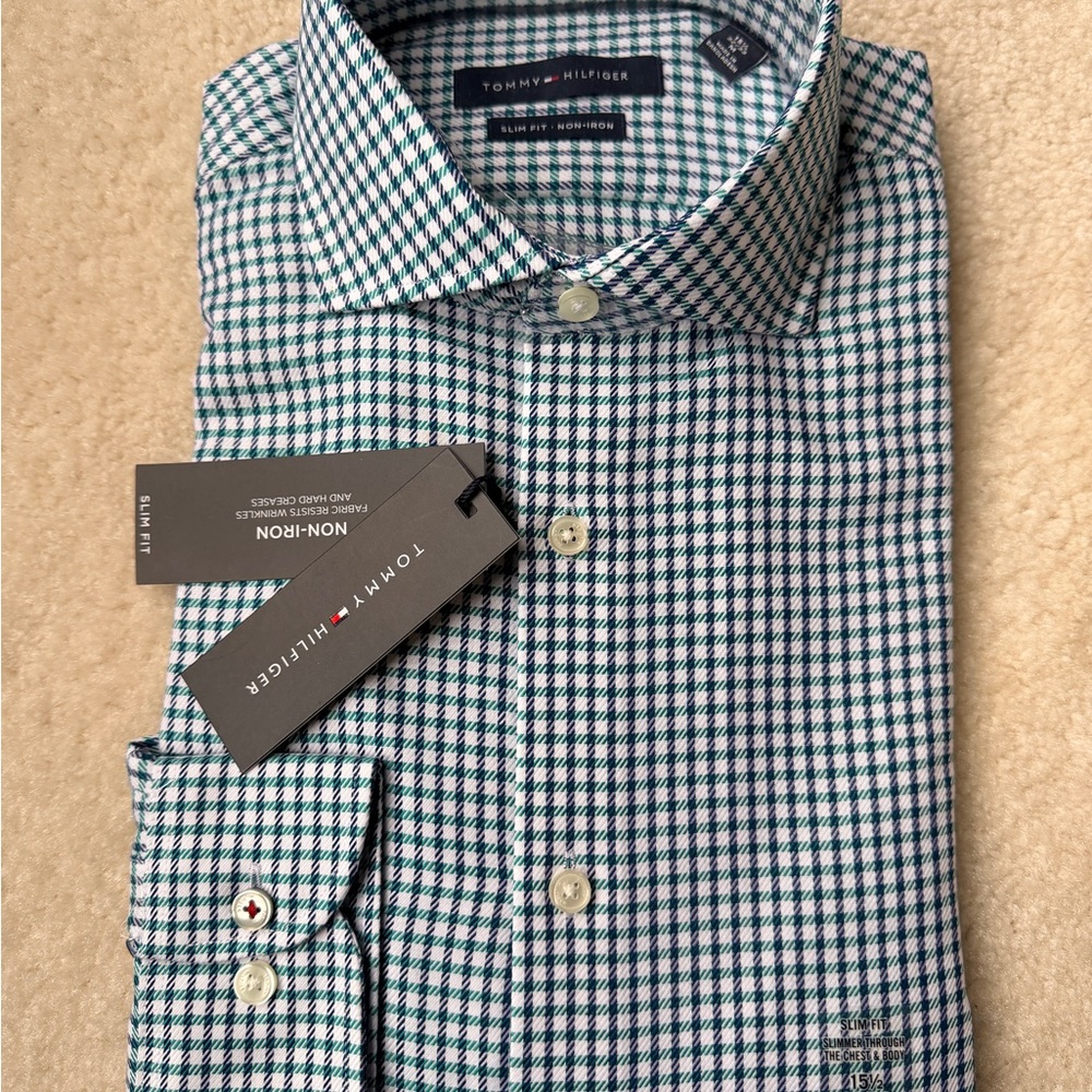 Tommy Hilfiger Men's Blue, Green and White Checkered Dress Shirt